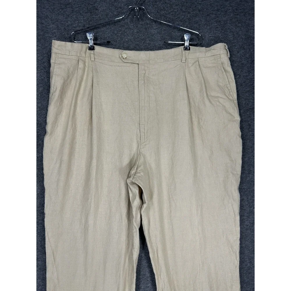 Vintage Berle Pants Mens 42x30 Beige 100% Linen Pleated Cuffed Dress 90s